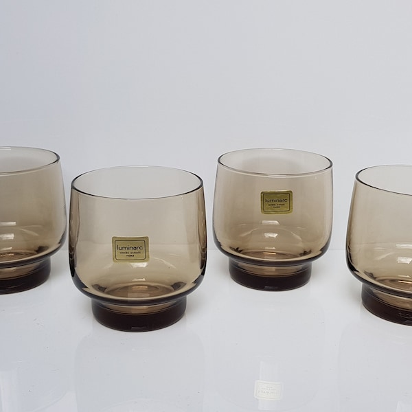 4x Vintage Luminarc smoked Glass water glasses. France. 1970s.