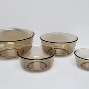 4x Vintage Arcoroc bowls smoked glass. Small Medium Large Extra-Large. France. 1970s.