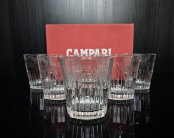 6x Campari Bespoke Tumbler Glasses, New in Box, Campari Milano, Raised Relief Lettering, Negroni / Spritz, Campari cocktails. Made in Italy