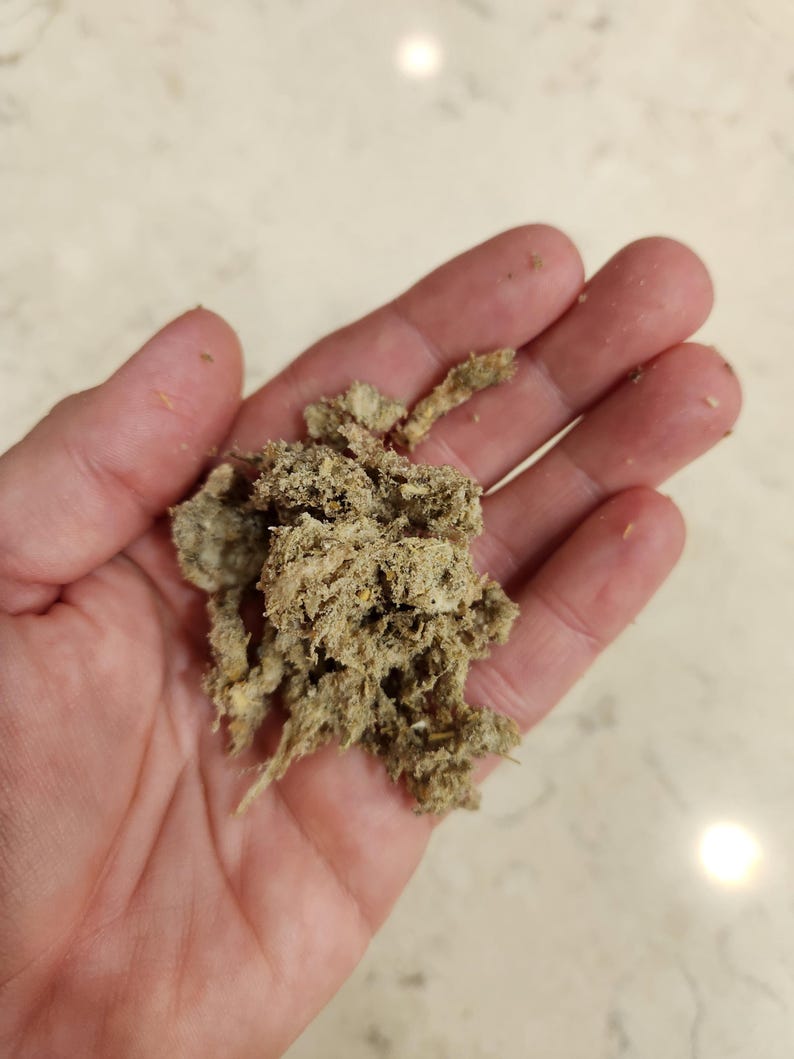 May include: A hand holding a clump of dried, shredded material. The material is a mix of light brown and tan colours, with a slightly fibrous texture. The background is a light-coloured surface.