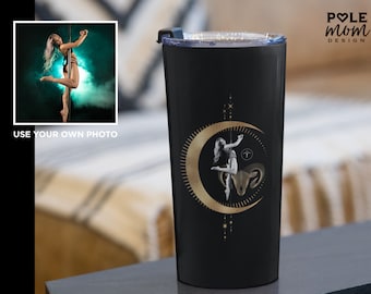 Custom Tumbler with Your Pole Dancing or Aerial Photo on an Aries Astrology Background in Black