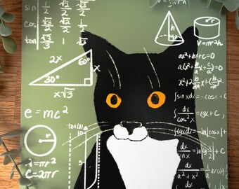 Prince Maths 8" x 8"  - [ math meme cat print / tuxedo cat / funny cat print / silly cat / cat art / sage green / home decor print ]