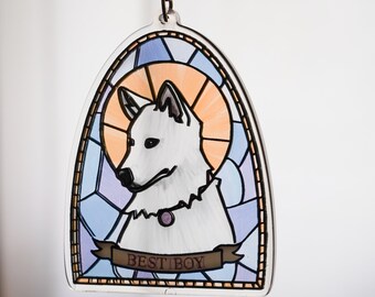 BG3 Animal Friends Stained Glass Look Keychain - Scratch - 2.5" x 3.5" - [ Acrylic and Epoxy / Best Boy / White Dog ]