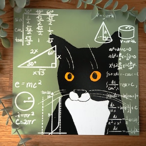 Puede incluir: Impresión en lienzo cuadrada que presenta un gato blanco y negro con ojos naranjas, sobre un fondo verde lleno de ecuaciones matemáticas. La cara del gato es el punto focal, con detalles blancos. La impresión está sobre una superficie de madera.