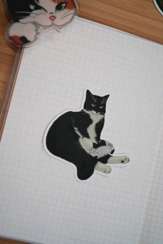 Gaming Cat Sticker - Cat with Controller - Tuxie Cat Sticker - Waterproof Sticker