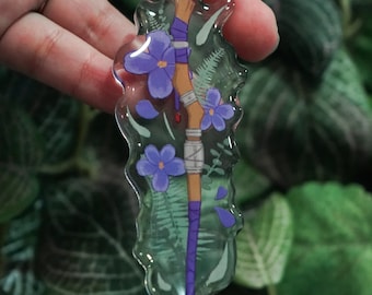 Frieren Fern Staff Acrylic Keychain 4" x 1.75" - [ crystal clear acrylic / violet, eucalyptus, fern / mage staff ]