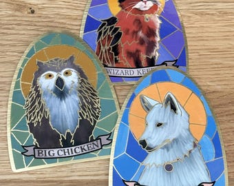 Gold Brushed BG3 Companion Sticker - Stained Glass Illustration - Scratch, Owlbear Cub, Tara - Waterproof Sticker