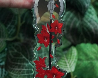 Frieren Stark Starck Axe Acrylic Keychain 4" x 1.25" - [ crystal clear acrylic / red amaryllis / frontline axe ]