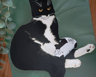 Gamer Boi 8" x 10" - [ cat playing game print / ps5 controller print / gaming cat / funny cat print / silly cat / cat art ]