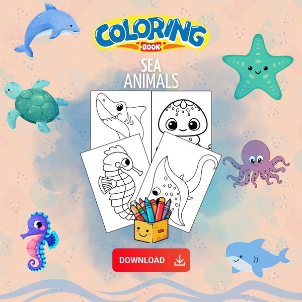 Kids Coloring Book | Ocean animals | Printable Underwater Coloring Book for All Ages | Coloring Pages for Instant Download Hand-Drawn Sea