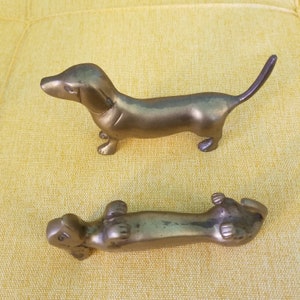 Vintage pair of 2 Dachshund brass figurines photo holder ring holder