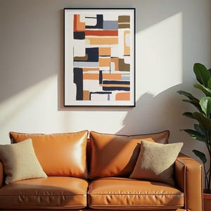 Könnte beinhalten: Ein gerahmter Wandkunstdruck mit einer abstrakten Komposition aus rechteckigen Formen in Marineblau, gebranntem Orange, Hellgrau und Olivgrün, angeordnet auf einem cremefarbenen Hintergrund in einem dünnen schwarzen Rahmen.