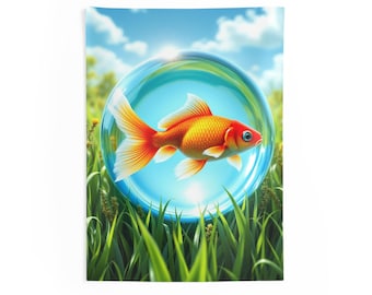 Frutiger Aero Wall Tapestry, Y2K Goldfish Bubble, Large Blue Green Wall Hanging