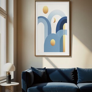 Art Deco Arches Print, Blue Plum Geometric Wall Art, Printable Digital Download, Brass Accent Decor, Elegant Living Room Art image 1
