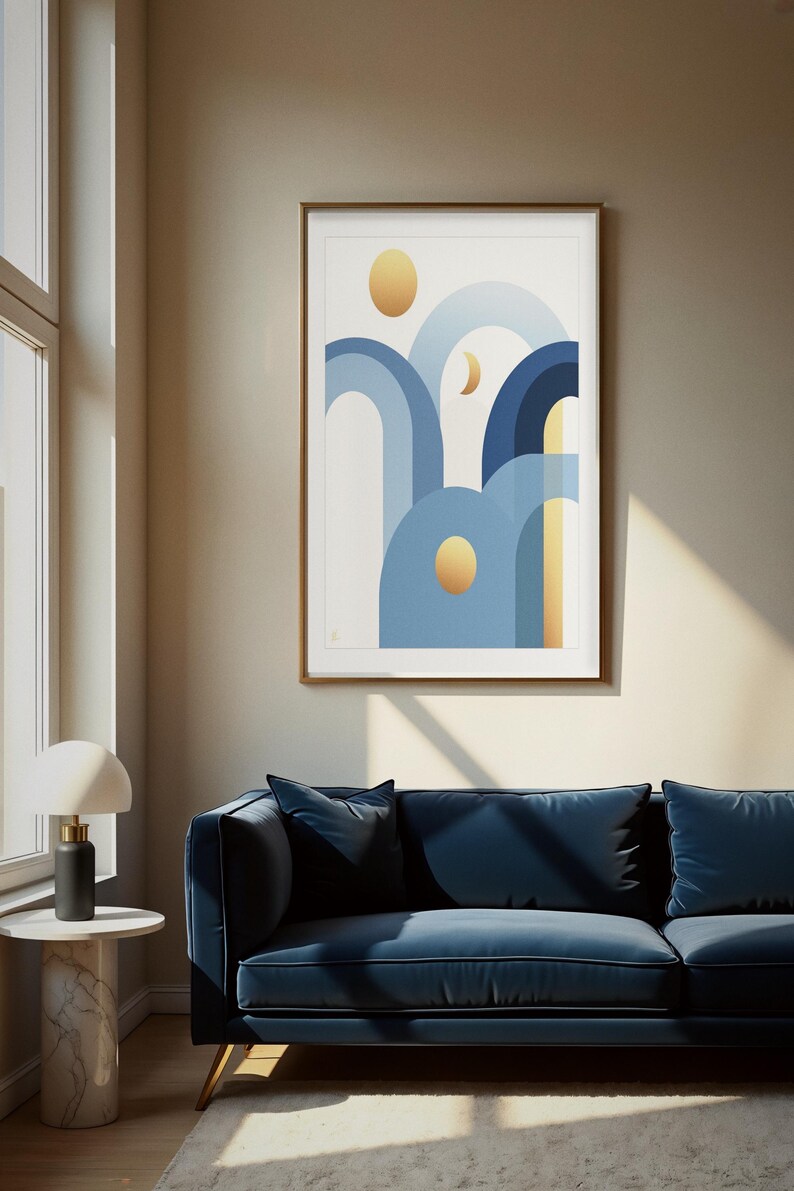 Art Deco Arches Print, Blue Plum Geometric Wall Art, Printable Digital Download, Brass Accent Decor, Elegant Living Room Art image 1