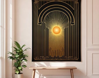Art Deco Wall Tapestry, Gold Sunburst Arch, Black Large Wall Hanging