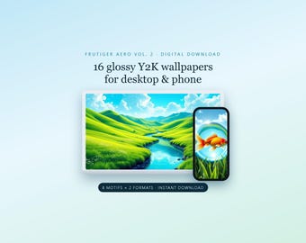 Frutiger Aero Wallpaper Pack Vol 2, 16 Y2K 2000s Aesthetic Backgrounds, 8 Desktop 4K + 8 Phone, Glossy Aqua, Instant Digital Download