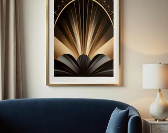 Art Deco Fan Arch Print, Espresso Brass Geometric Wall Art, Printable Digital Download, Moody Bronze Decor, Elegant Deco Poster