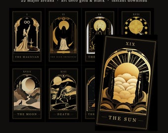 Printable Tarot Deck, 22 Major Arcana Tarot Cards, Art Deco Gold Black Tarot Card Deck, Digital Download