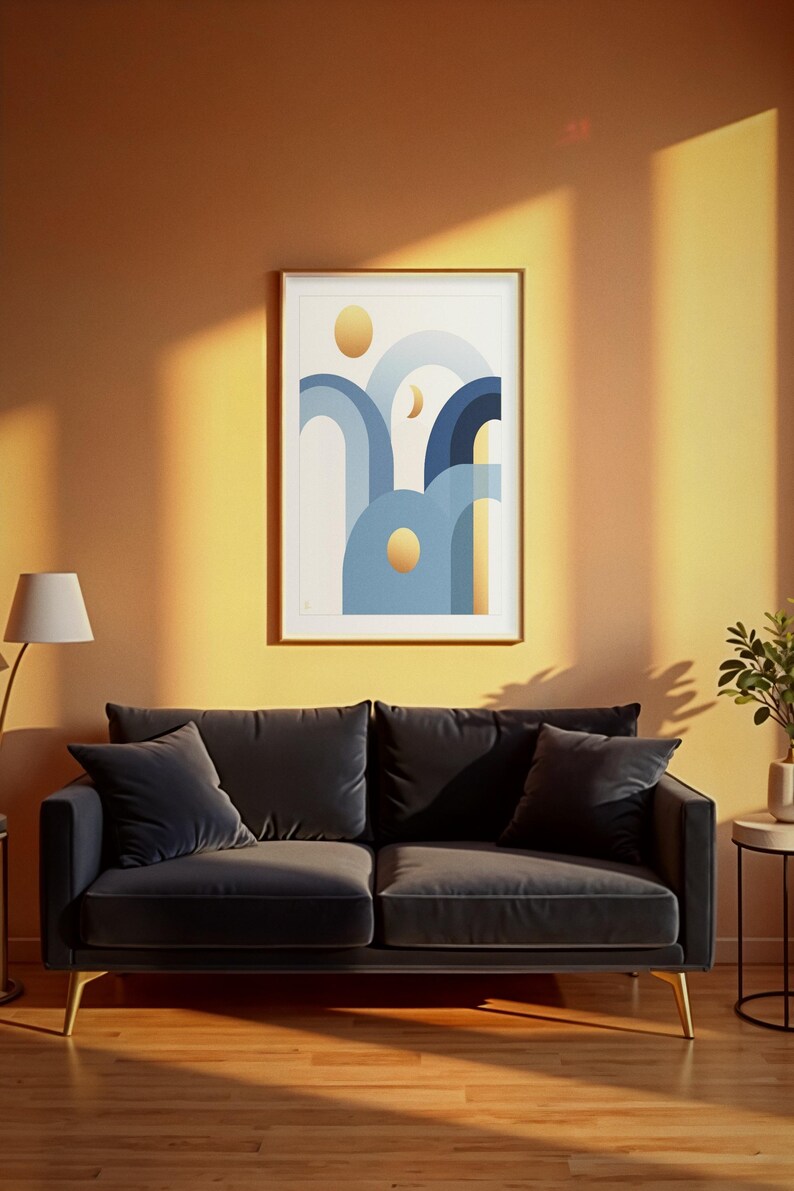 Art Deco Arches Print, Blue Plum Geometric Wall Art, Printable Digital Download, Brass Accent Decor, Elegant Living Room Art image 2