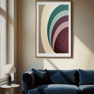 Lámina abstracta en forma de arco, arte mural Art Déco, lámina geométrica color ciruela y verde azulado para imprimir, descarga digital, decoración Art Déco moderna, póster minimalista elegante.