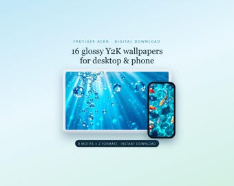 Frutiger Aero Wallpaper Pack, 16 Y2K 2000s Aesthetic Backgrounds, 8 Desktop 4K + 8 Phone, Glossy Aqua Nostalgia, Instant Digital Download