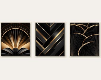 Art Deco Gallery Wall Set of 3, Black Gold Geometric Prints, Printable Digital Download, Luxury Deco Wall Art Bundle