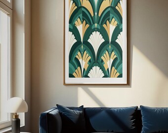 Art Deco Chevron Print, Teal Gold Geometric Wall Art, Printable Digital Download, Elegant Living Room Decor, Retro Poster