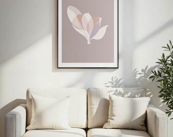 May include: A framed wall art print featuring a stylised, abstract floral illustration with overlapping petals in soft shades of cream, pale pink, and muted lavender, set against a solid, dusty mauve background within a thin black frame.