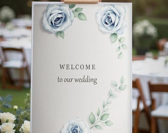 Dusty Blue Floral Ceremony Sign, Wedding Welcome Sign, Romantic Welcome Poster, Printable Digital Download
