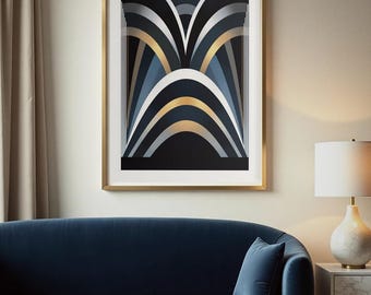 Stacked Chevron Arch Print, Charcoal Midnight Blue Wall Art, Printable Digital Download, Chrome Accent Decor, Modern Deco Poster