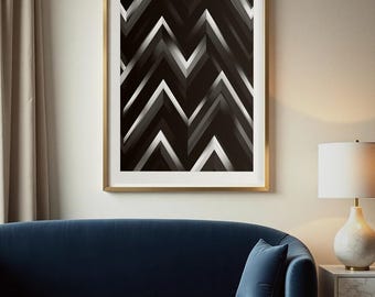 Chrome Chevron Sunburst Print, Black Charcoal Geometric Wall Art, Printable Digital Download, Moody Deco Decor, Statement Poster