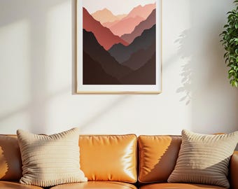 Print van een zonsopgang op een bergkam, abstracte muurdecoratie in terracotta koraal, printbare digitale download, boho woonkamerdecoratie, warme minimalistische kunst
