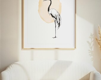 Crane Bird Line Art, Japandi Wall Art, Minimalist One Line Drawing, Zen Wall Decor, Neutral Japanese Art Print, Digital Download