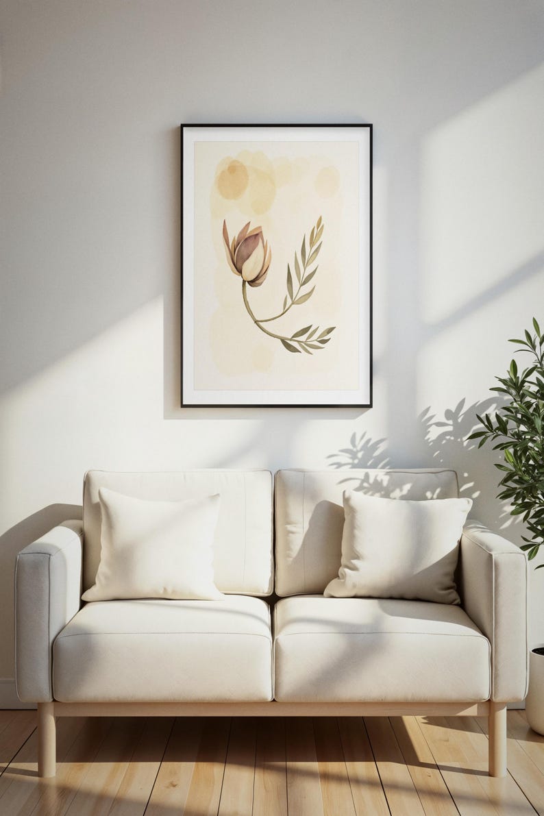 Dried Lotus Pod Print, Japandi Wall Art, Sand Olive Botanical Wall Art, Neutral Living Room Art, Printable Digital Download image 1