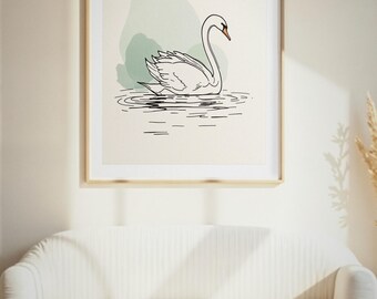 Könnte beinhalten: Ein gerahmter Wandkunstdruck mit einer schwarzen Strichzeichnung eines weißen Schwans, der auf dem Wasser schwimmt. Der Schwan hat einen orangefarbenen Schnabel und ist vor einer weichen, hellgrünen organischen Form auf cremefarbenem Grund platziert.