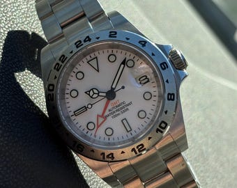 40mm GMT Adventurer Watch: White Dial, Orange Hand, Stainless Steel