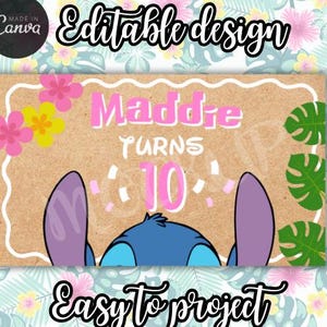 Puede incluir: Un dise&ntilde;o tem&aacute;tico de cumplea&ntilde;os con el personaje Stitch. El dise&ntilde;o incluye el nombre "Maddie" en rosa, las palabras "Turns 10" y flores y hojas decorativas. Tambi&eacute;n se incluyen las palabras "Editable design" y "Easy to project".