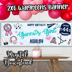 May include: A rectangular light blue birthday banner featuring the text Happy Birthday, Garrett's Girl, and ASHLEY. Graphics include a pink ribbon award, music notes, headphones, bunny ears, a hockey jersey with 44, skates, hockey sticks, and lipstick.