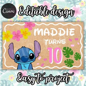 Puede incluir: Un dise&ntilde;o de cumplea&ntilde;os personalizable con el personaje Stitch, el nombre "Maddie" y el n&uacute;mero "10" en rosa. El dise&ntilde;o incluye detalles florales y de hojas, y el texto "Easy to project" y "Editable design".
