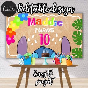 May include: A birthday party banner with the name "Maddie" and the text "Turns 10". The design includes a cartoon character, colorful flowers, and gift bags. The words "Editable design" and "Easy to project" are also visible.