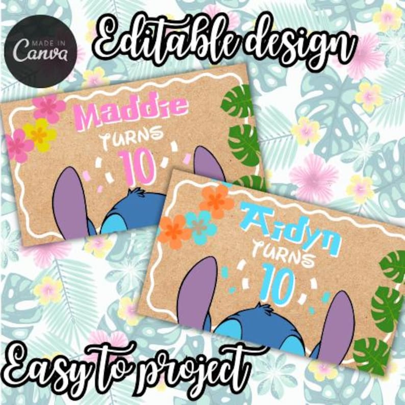 Puede incluir: Dos invitaciones personalizadas para fiestas de cumplea&ntilde;os con un personaje de dibujos animados con pelaje azul y orejas grandes. Las invitaciones son de color beige con acentos florales coloridos y el texto "Maddie Turns 10" y "Aydin Turns 10".