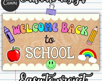 Può includere: Un design a tema ritorno a scuola con le parole "WELCOME BACK to SCHOOL" in lettere a bolle colorate. Il design include una mela rossa, un arcobaleno, un pastello, una matita e una faccina sorridente. Sono incluse anche le parole "Editable design" e "Easy to project".