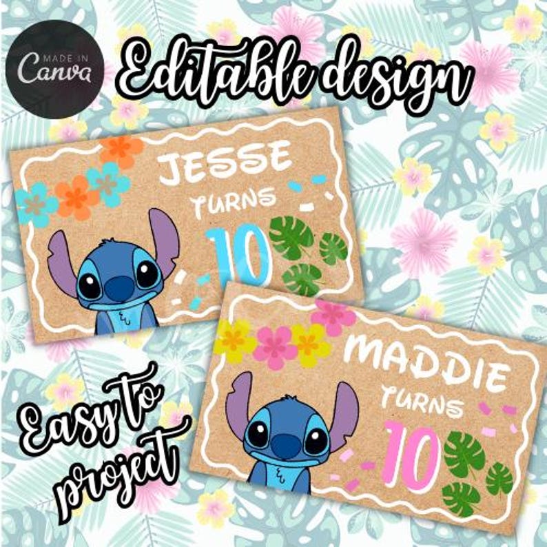 Puede incluir: Dos tarjetas rectangulares marrones con borde blanco, con un personaje de dibujos animados azul, flores y el texto "Jesse Turns 10" y "Maddie Turns 10". El fondo es un estampado floral con el texto "Editable design" y "Easy to project".