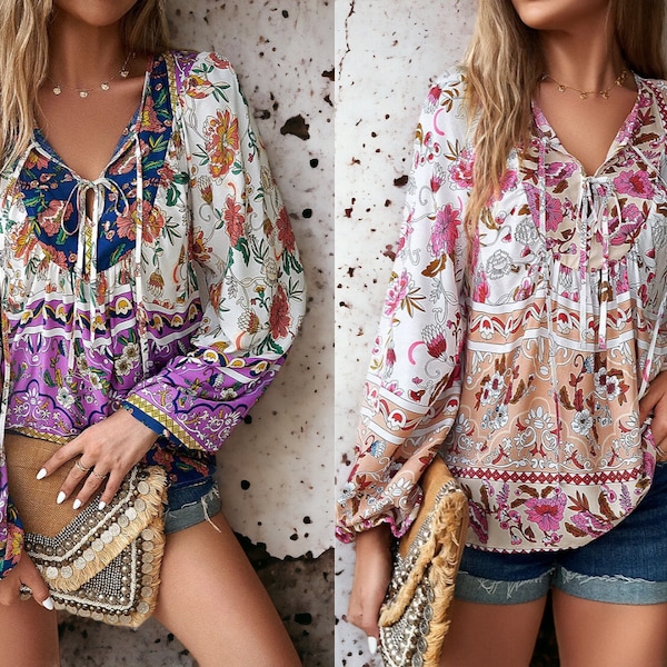 Boho Blumendruck Frühlingsbluse Langarm | Boho-Print-Quasten-Krawattenbluse für den Frühling | Frühlingsbluse mit entspannter Passform und Blumenmuster | Boho-Top