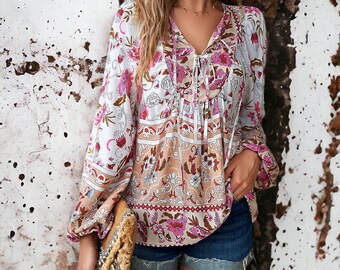 Boho Floral Print Spring Blouse Long Sleeve | Bohemian Print Tassel Tie Blouse for Spring | Floral Relaxed Fit Spring Blouse | Boho Top