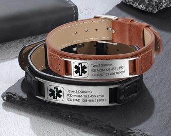 Personalized Adjustable Leather Medical Bracelet for Men,Custom Medic Alert Bracelet,Engraved Id Bracelet,Emergency Bracelet,Medical Gifts