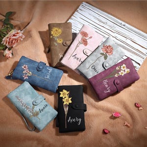 Carteira personalizada com flor de nascimento e nome, carteira de couro personalizada para mulheres, carteira longa para mulheres, presente para ela, presente de dia das mães, presente de aniversário para a mãe