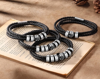 Mens Bracelet with Photo,Men's Leather Bracelet,Custom 2-6 Names Bracelet,Anniversary Gift,Gift for Him,Father's Day Gift for Dad Husband