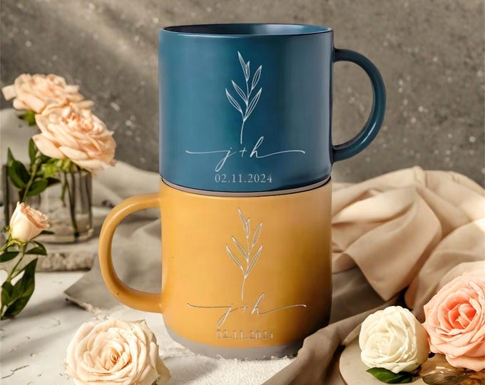 Personalized Wedding Pottery Mugs,Engraved Wedding Coffee Mug,Bridal Shower Gift, Engagement Gift,New Wedding Gift,Gifts for Newlyweds